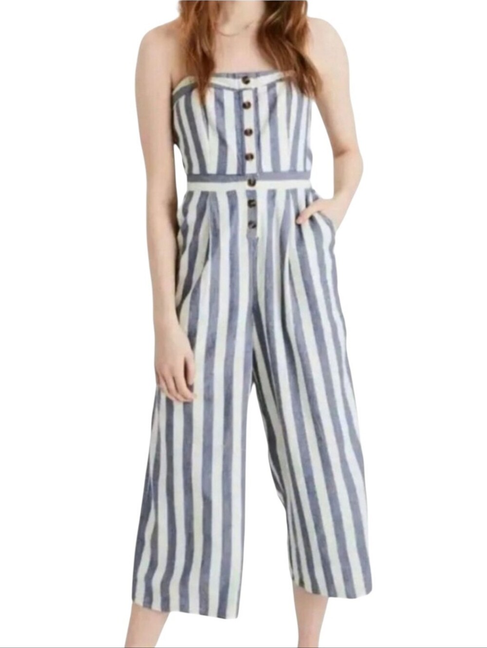 Women's American Eagle Blue Striped Strapless Cropped Jumpsuit Sz Large